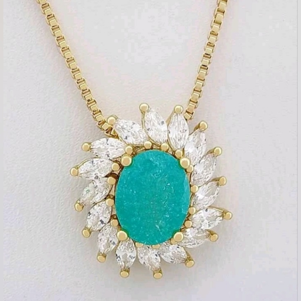 New 14k Gold Plated Necklace Genuine Emerald & Lab Created Sapphires